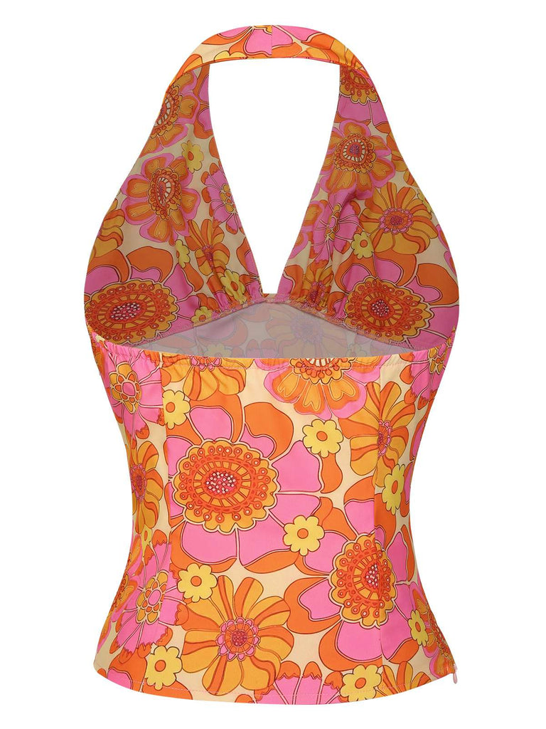 Orange 1960s Hippie Floral Halter Top, vintage top, retro blouse - perfect for women who love vintage and retro fashion