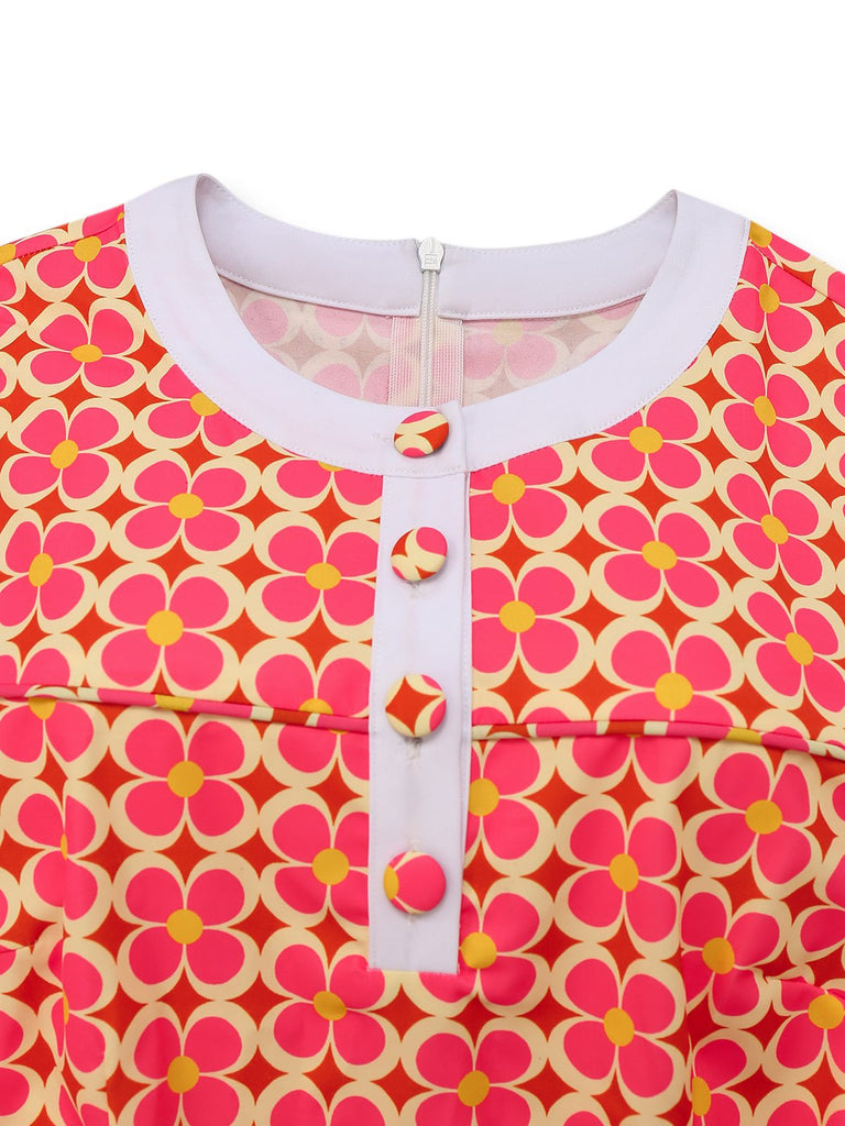 Orange 1960s Hippie Floral Round Neck Dress - vintage dress, retro fashion