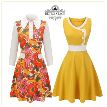 She slips into this Orange 1960s Lapel Flowers Patchwork Dress and suddenly it's a 1960s daydream