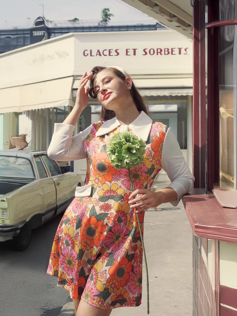 Orange 1960s Lapel Flowers Patchwork Dress | Retro Stage