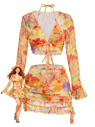Orange 1960s Print Long Sleeve Tankini 2