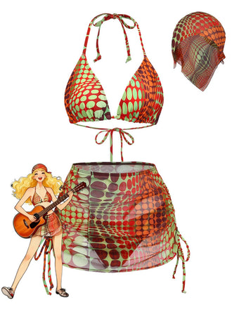 Orange 1960s Psychedelic Polka Dot Mesh Bikini Set - vintage fashion, retro style