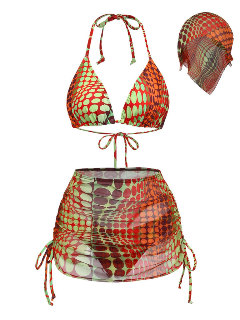 Orange 1960s Psychedelic Polka Dot Mesh Bikini Set: beautiful vintage swimwear, retro swimsuit, pin-up style with timeless appeal