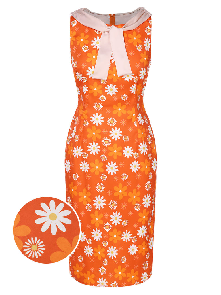 orange and white floral dress Retro Stage 1960s Floral Sleeveless Tie Neck Pencil Dress Orange