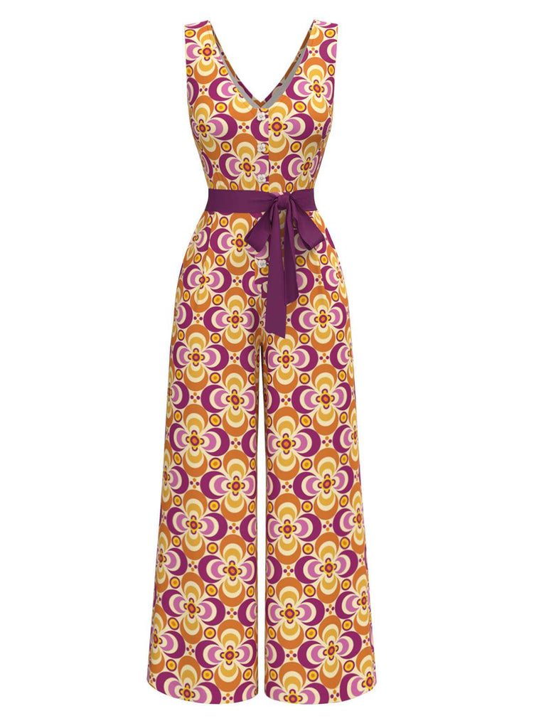Orange 1960s V-Neck Belted Floral Printed Jumpsuit - vintage jumpsuit, retro fashion