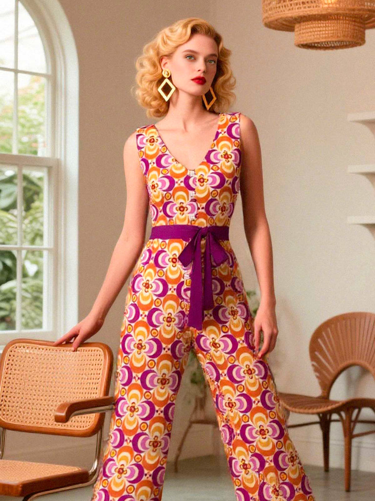 Orange 1960s V-Neck Belted Floral Printed Jumpsuit - vintage jumpsuit, retro fashion
