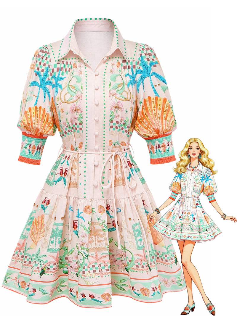 Orange 1970s Boho Pastel Print Button Tie-Waist Dress