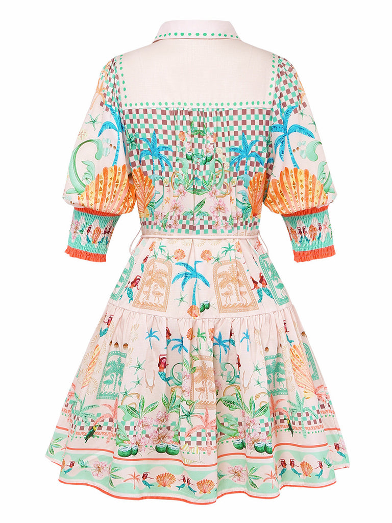 Orange 1970s Fitted Waist Print Lace-up Vintage Short Dress