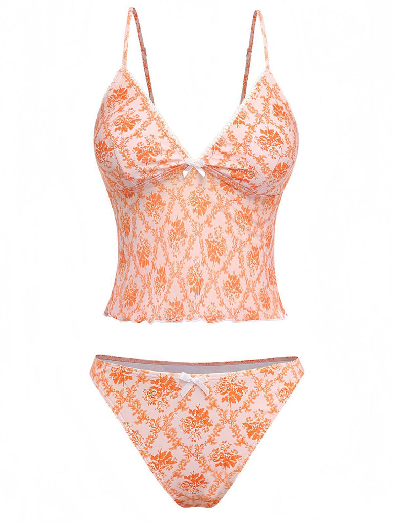 Orange 1970s Deep V-Neck Floral Print Tankini Set - vintage fashion, retro style