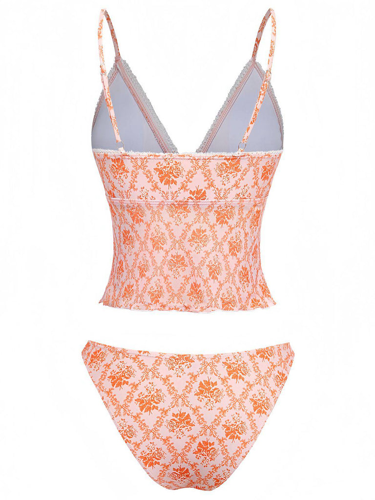 Orange 1970s Deep V-Neck Floral Print Tankini Set - vintage fashion, retro style