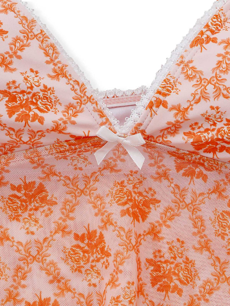Orange 1970s Deep V-Neck Floral Print Tankini Set - vintage fashion, retro style
