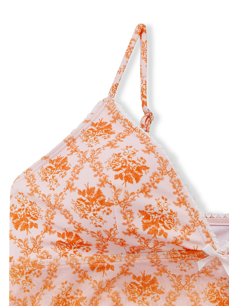 Orange 1970s Deep V-Neck Floral Print Tankini Set - vintage fashion, retro style