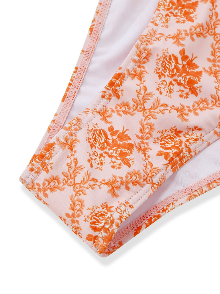 Orange 1970s Deep V-Neck Floral Print Tankini Set - vintage fashion, retro style