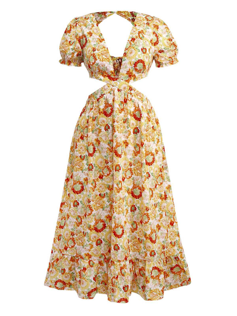 Orange 1970s Deep V-Neck Sunflower Boho Dress - vintage dress, retro fashion
