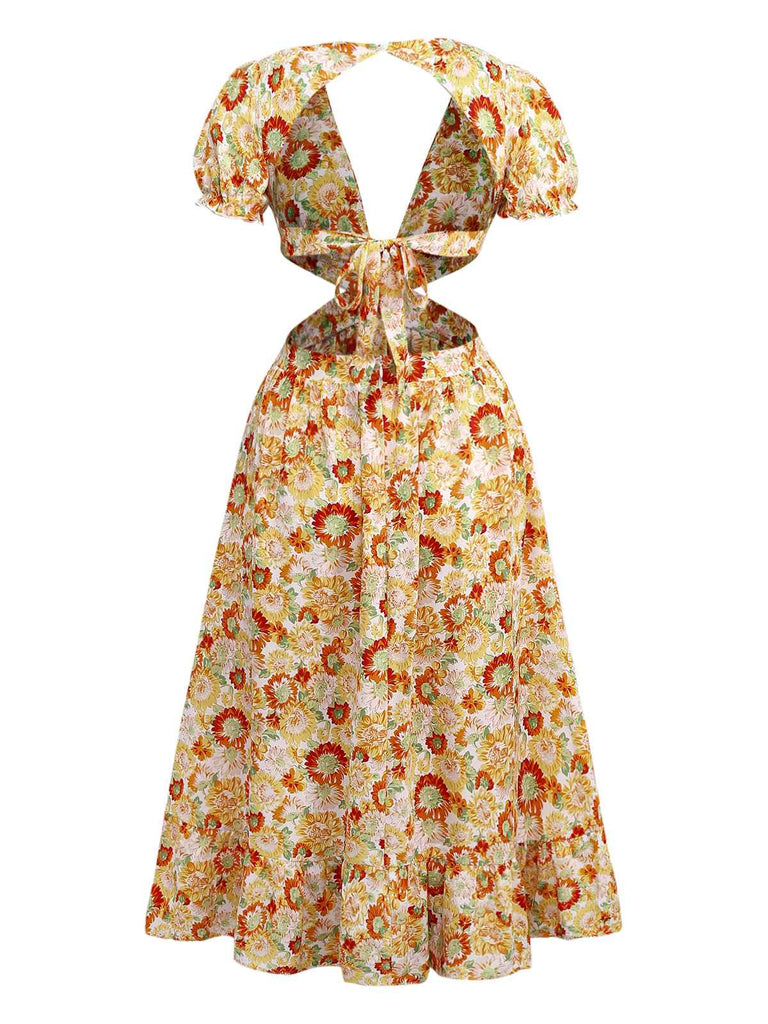 Orange 1970s Deep V-Neck Sunflower Boho Dress - vintage dress, retro fashion