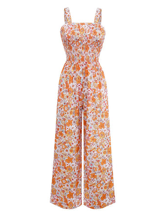 Orange 1970s Floral Print Wide Leg Jumpsuit - vintage jumpsuit, retro fashion