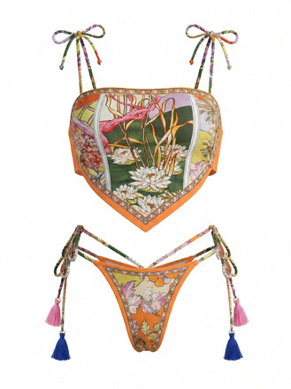 Orange-1970s-Floral-Tassel-Tie-Bandeau-Bikini-Set, vintage, retro, swimwear