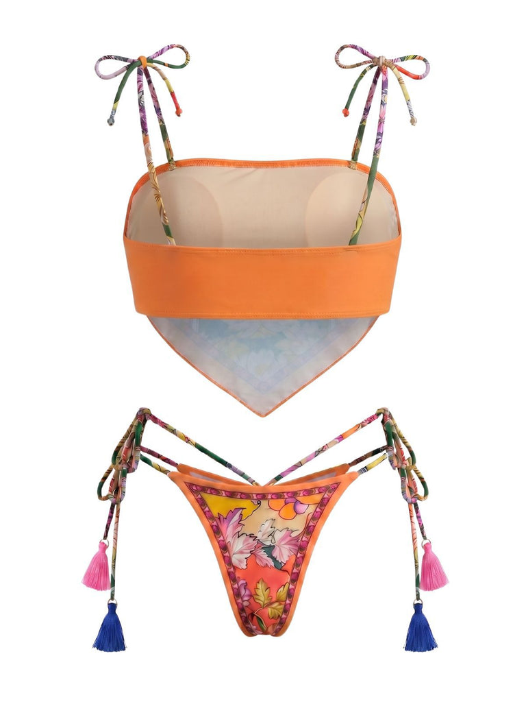 Orange 1970s Floral Tassel Tie Bandeau Bikini Set, vintage swimsuit, pin-up swimwear - perfect for women who love vintage and retro fashion