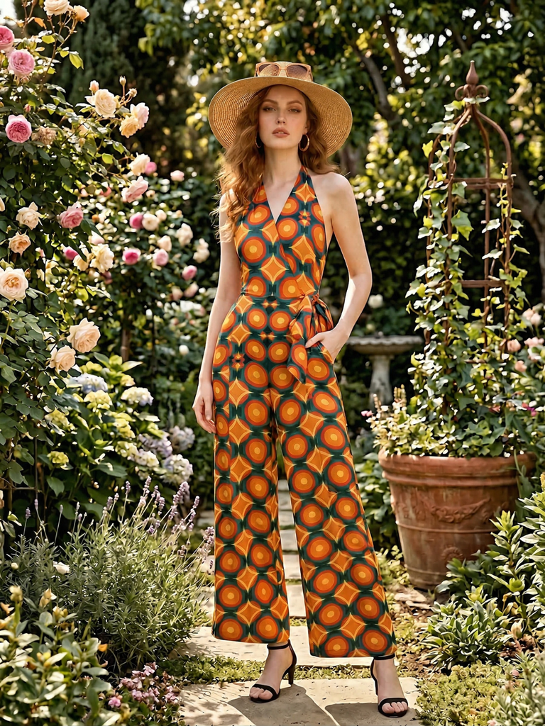 Orange 1970s Halter Geometric Print Jumpsuit - vintage jumpsuit, retro fashion