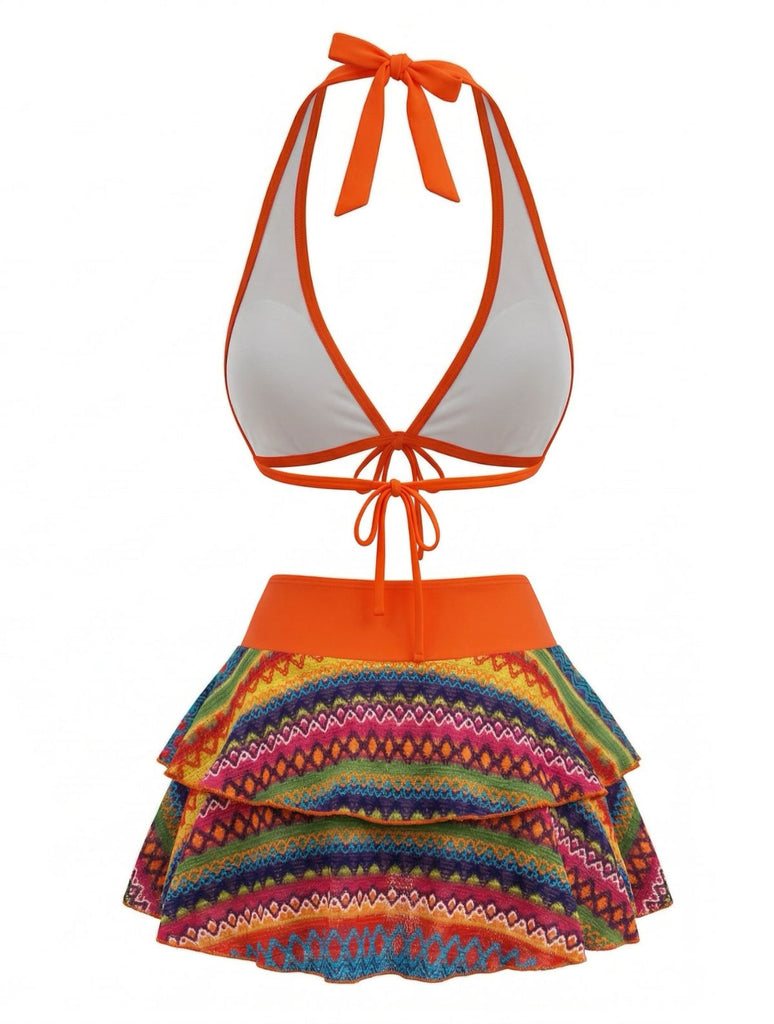 Orange 1980s Boho Irregular Bikini Set & Cover-Up - vintage fashion, retro style