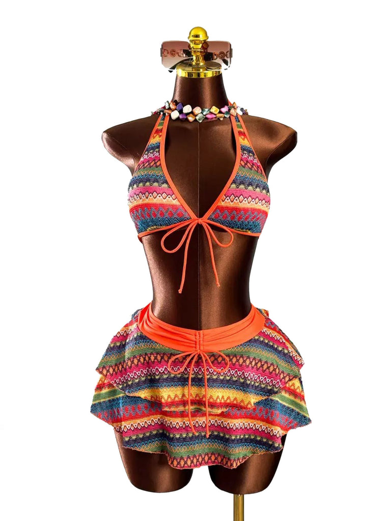 Orange 1980s Boho Irregular Bikini Set & Cover-Up - vintage fashion, retro style