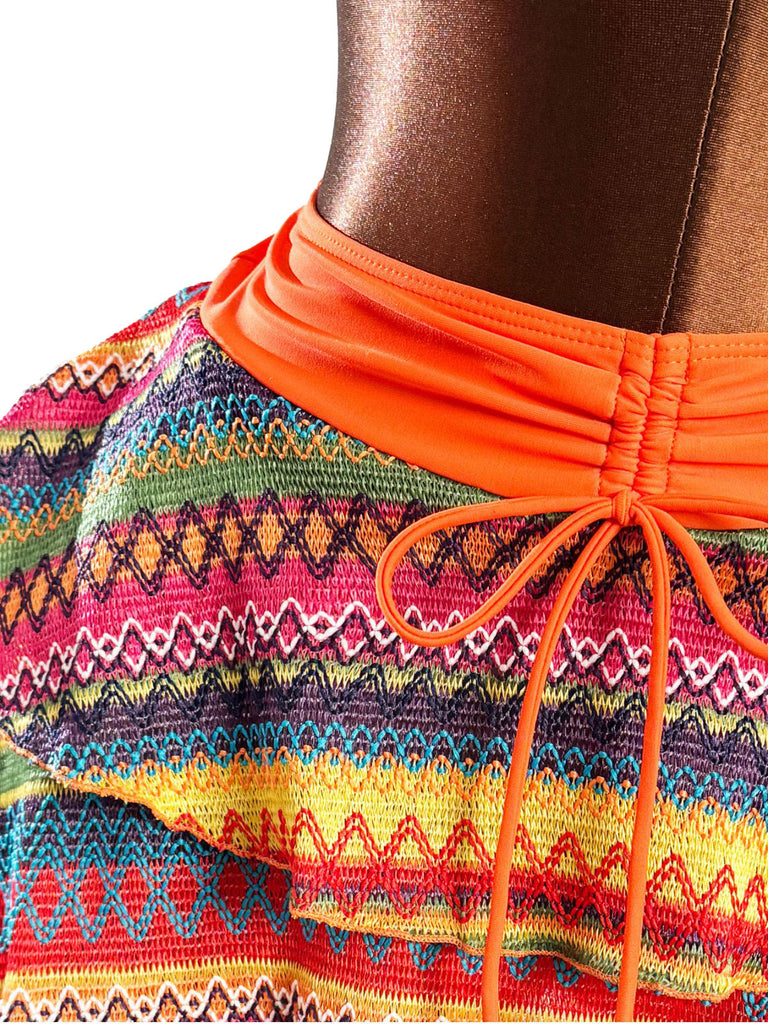 Orange 1980s Boho Irregular Bikini Set & Cover-Up - vintage fashion, retro style