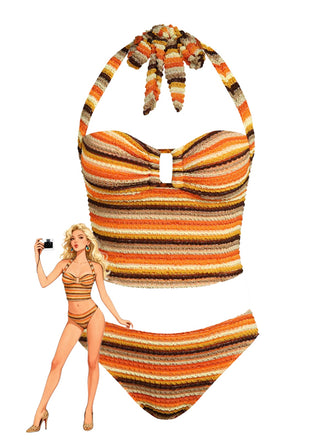 Orange 1980s Knit Striped Halter Swimsuit - vintage swimsuit, pin-up style