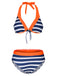 She's wearing Orange & Blue 1960s Halter Striped Swimsuit and the whole beach remembers the 1960s