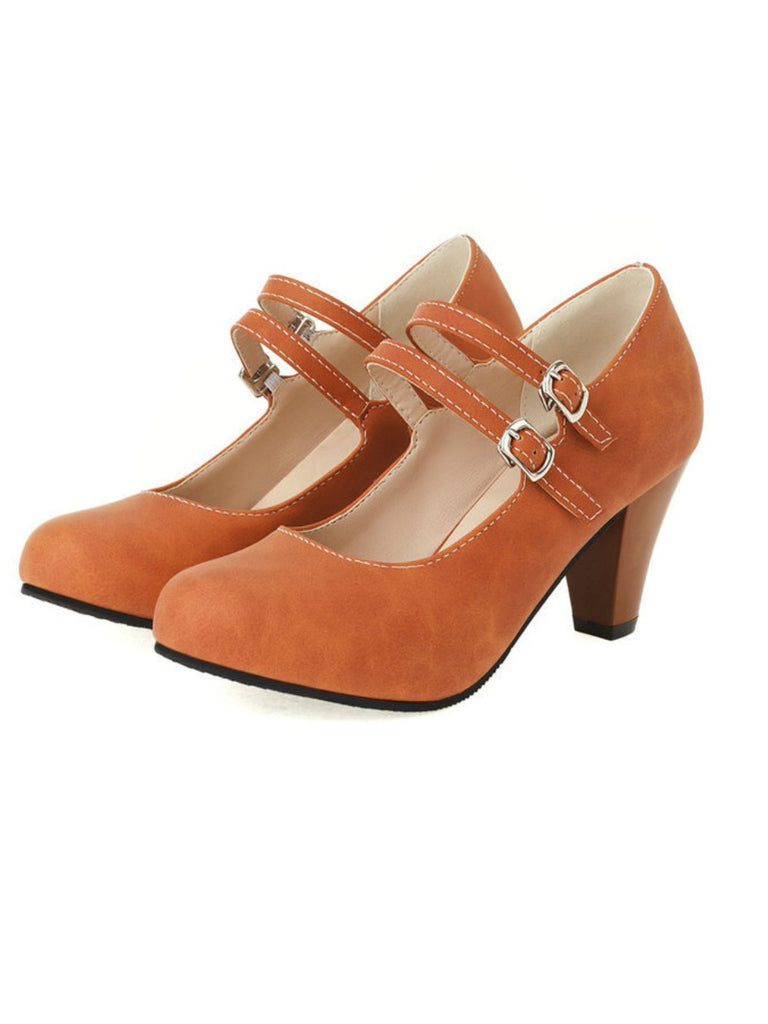She finds her vintage story in this Orange Double Buckle Strap Mary Jane Heels Shoes