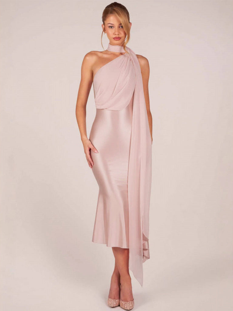 Orange Pink 1930s Halter Satin Belted Mermaid Dress, vintage dress, retro fashion - perfect for women who love vintage and retro fashion