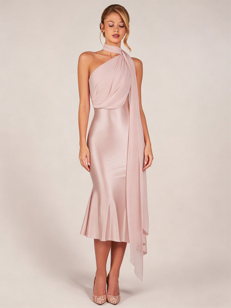 Orange Pink 1930s Halter Satin Belted Mermaid Dress, vintage dress, retro fashion - perfect for women who love vintage and retro fashion