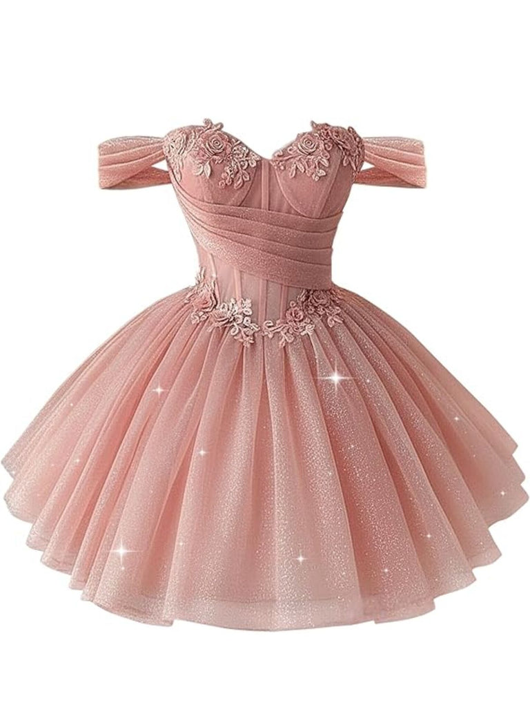 Pre-Sale] Pink 1950s Floral Off-Shoulder Glitter Tulle Prom Dress | Retro  Stage