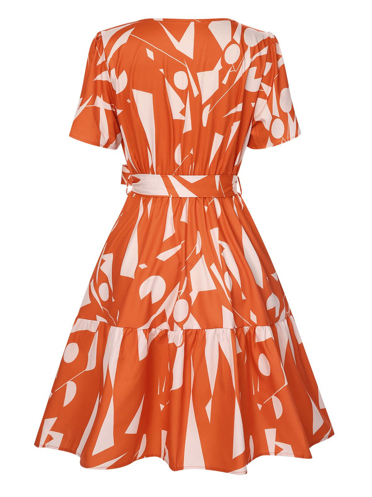 Orange Red 1940s Geometric Surplice V-Neck Dress, vintage dress, retro fashion - perfect for women who love vintage and retro fashion