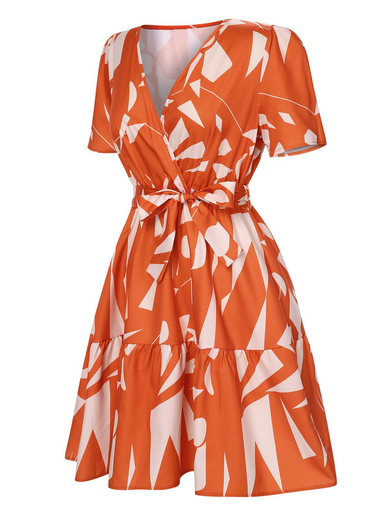 Orange Red 1940s Geometric Surplice V-Neck Dress, vintage dress, retro fashion - perfect for women who love vintage and retro fashion
