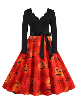 She slips into this Orange Red 1950s Halloween Petal Neck Pumpkin Dress and suddenly it's a 1950s daydream