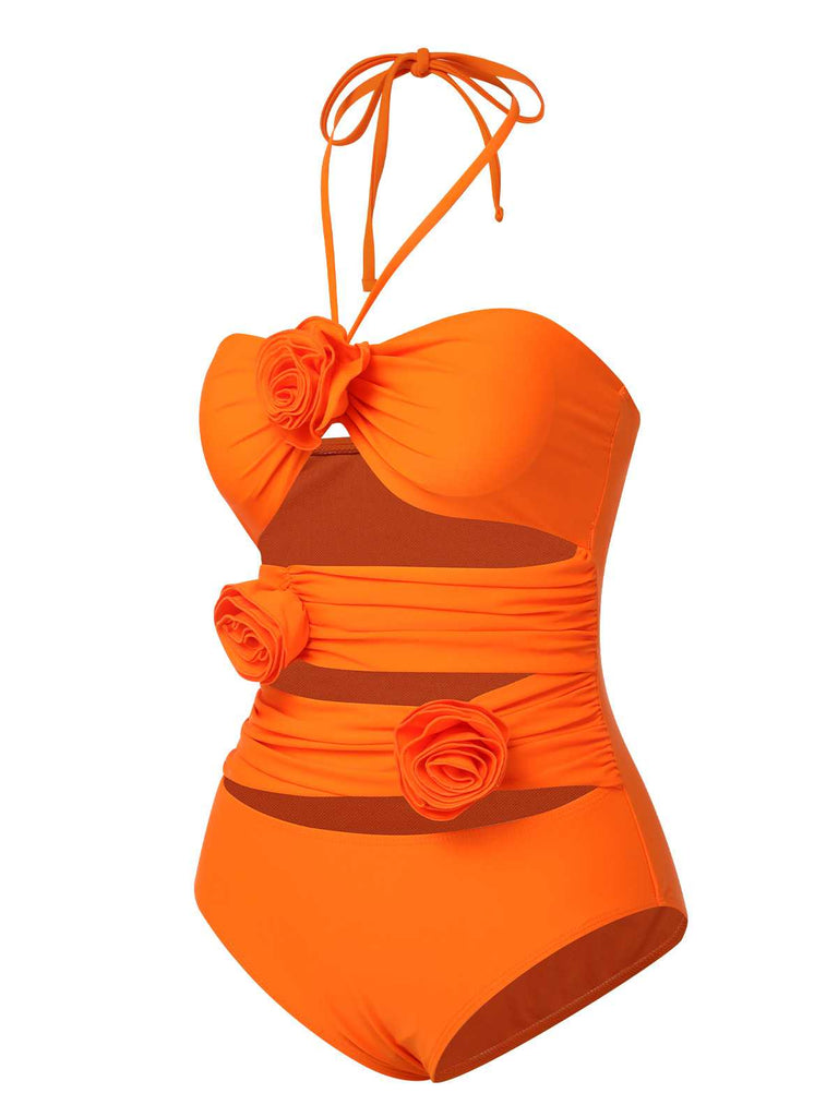 Orange Red 1950s Halter 3D Flower One-Piece Swimsuit: 1950s Riviera elegance, reimagined for her