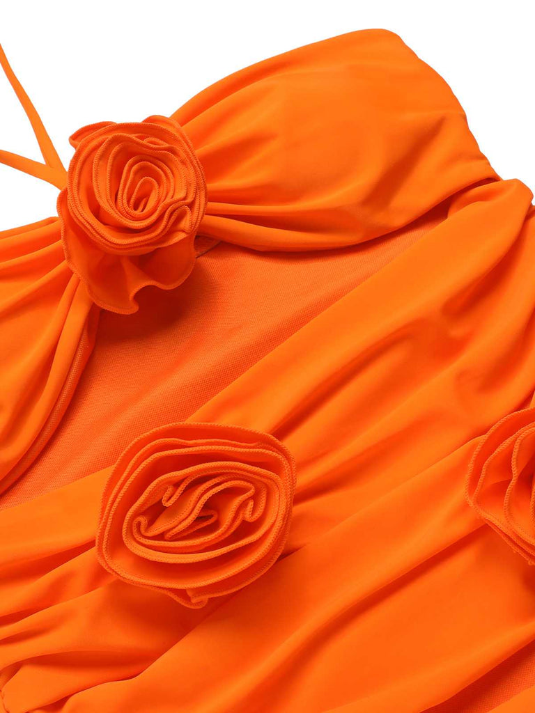 Orange Red 1950s Halter 3D Flower One-Piece Swimsuit — because 1950s glamour never goes out of style
