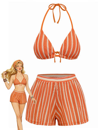 Orange and white striped bikini set with matching shorts on a white background