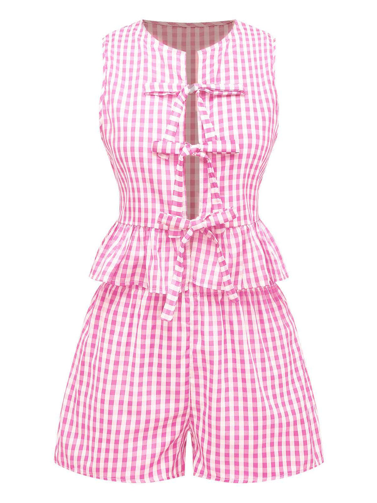 2PCS 1950s Plaid Ruffled Bow Vest & Shorts