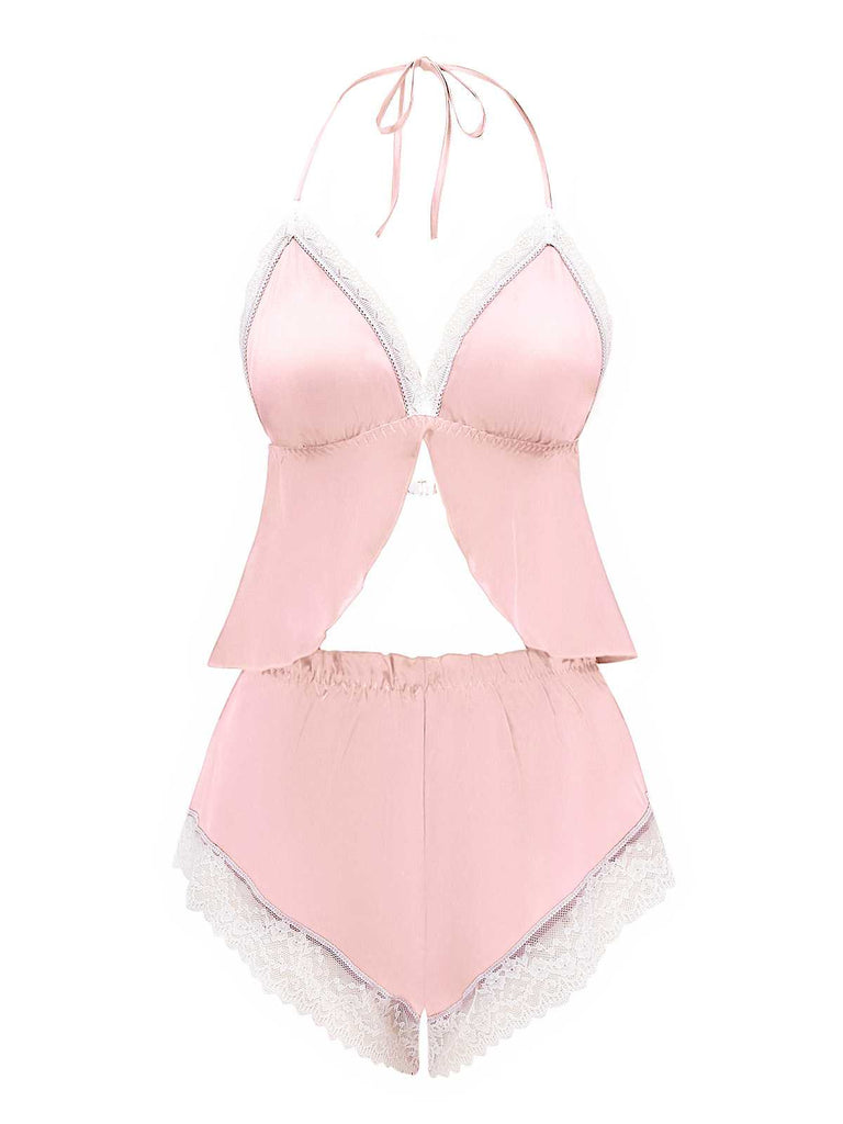 1950s Halter Lace Satin Pajama Set