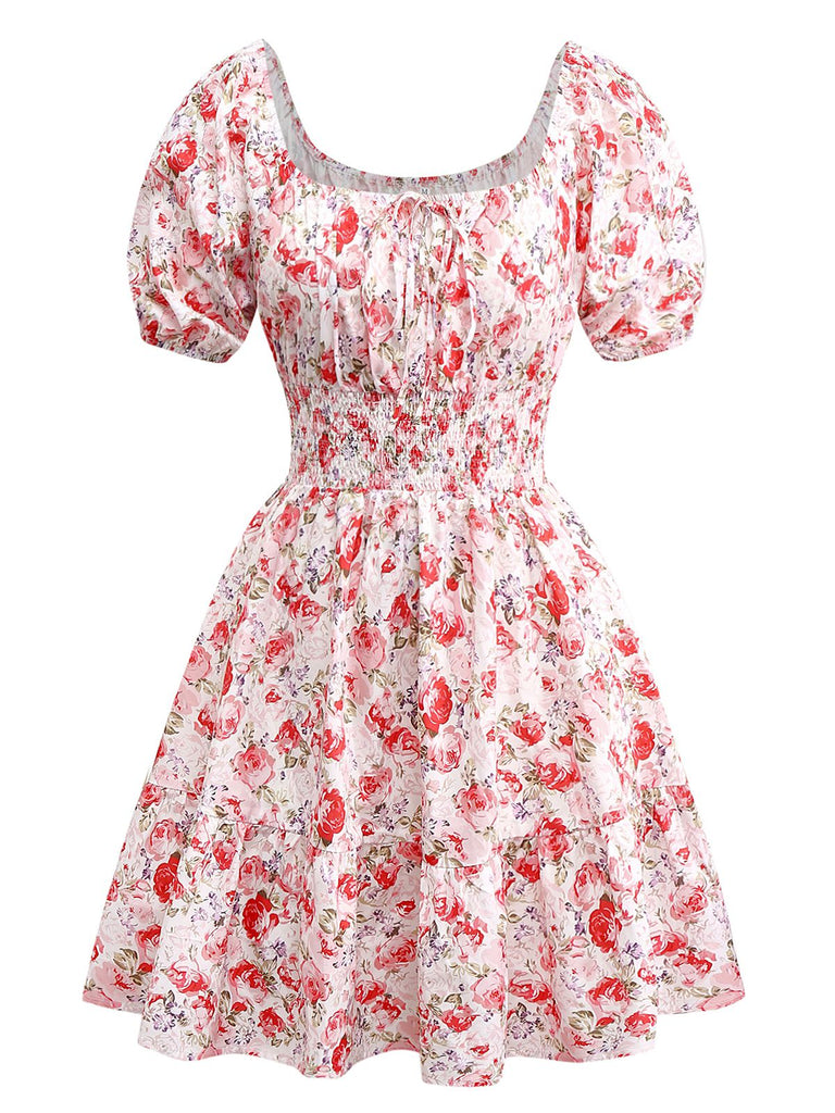 PInk 1950s Floral Puff Sleeve Pleated Dress - vintage dress, retro fashion, rockabilly