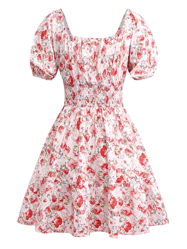 PInk 1950s Floral Puff Sleeve Pleated Dress - vintage dress, retro fashion, rockabilly