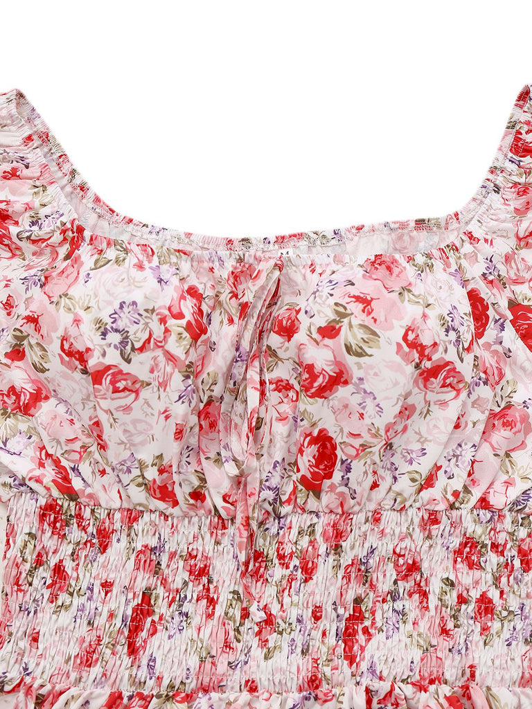 PInk 1950s Floral Puff Sleeve Pleated Dress - vintage dress, retro fashion, rockabilly