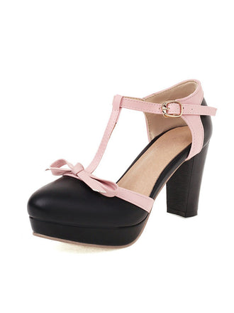 She finds her vintage story in this PU Leather Bow T-Strap High Heels