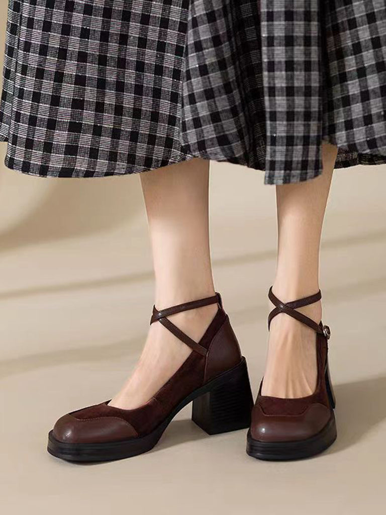PU Leather Patchwork Square Toe Chunky Heels — vintage vintage charm for her modern wardrobe