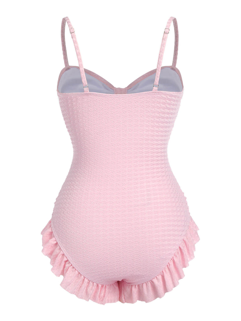 Retro Stage Cutout Ruffled Tummy Control Kawaii One Piece Swimsuit, Pink Retro Stage Cutout Ruffled Tummy Control Kawaii One Piece Swimsuit, Pink