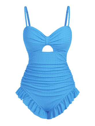 This Pale 1950s Solid Ruched Swimsuit carries 1950s vacation dreams in every stitch