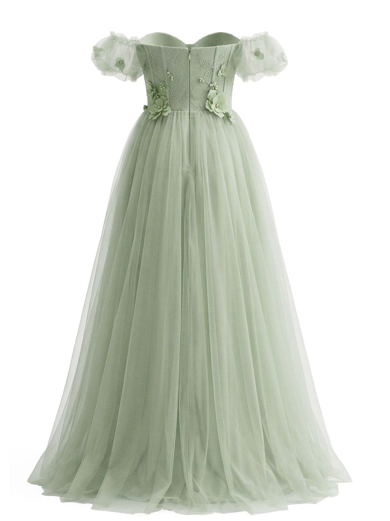 Pale Green Floor Length Floral Mesh Off-Shoulder Swing Dress Pale Green Floor Length Floral Mesh Off-Shoulder Swing Dress