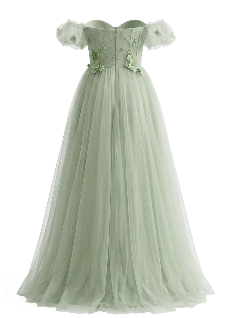 Pale Green Floor Length Floral Mesh Off-Shoulder Swing Dress