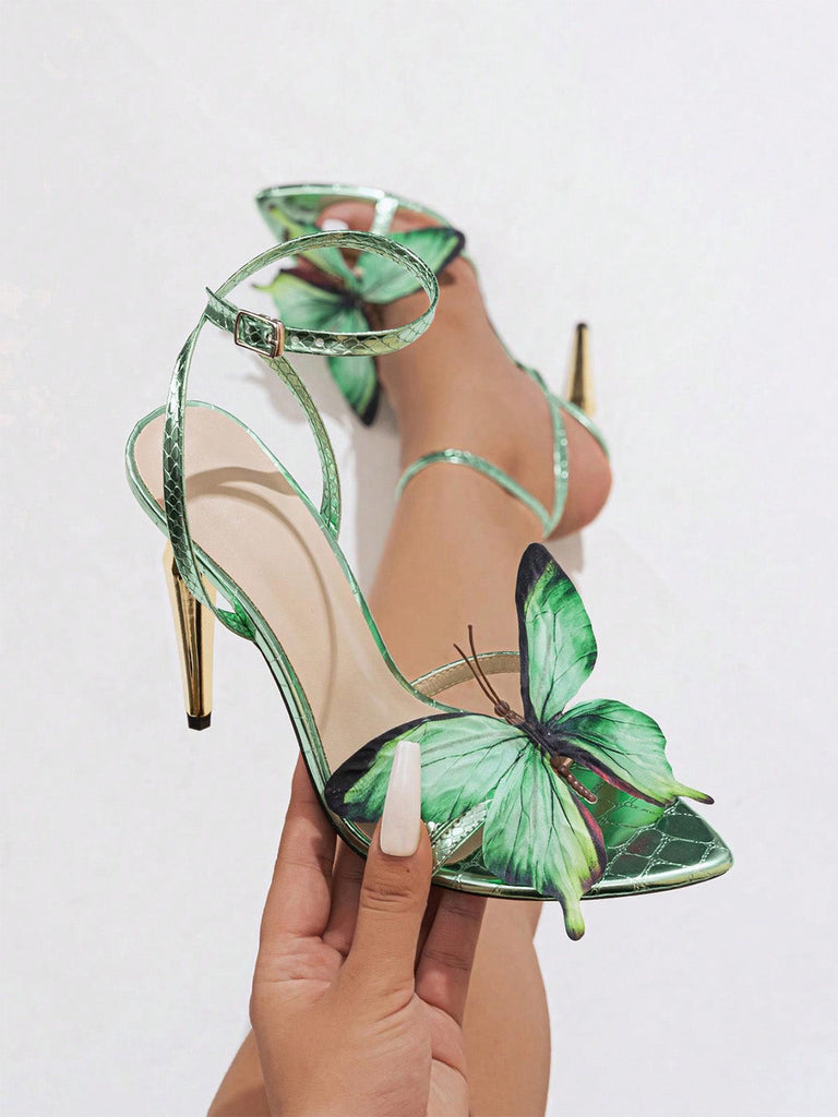 Pale Green 1970s Butterfly Embellished Stiletto High Heels 5